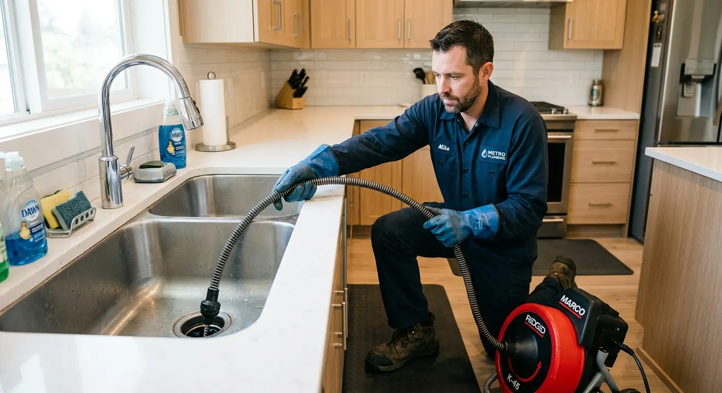 Drain cleaning technician using a motorized snake on a kitchen sink in Rye Brook
