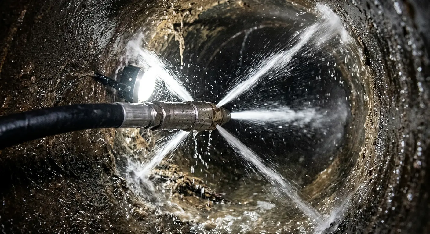 High-pressure hydro jetting nozzle cleaning sewer pipe for Storm Drain Cleaning in Rye Brook