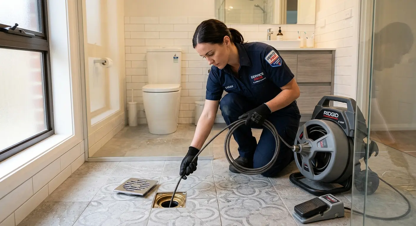 Technician clearing a bathroom floor drain for Hydro Jetting in Rye Brook